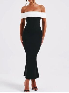 Off-Shoulder Two-Tone Midi Dress in Black and White